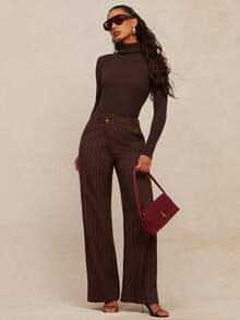 NYA SZN 女士条纹印花口袋优雅直筒裤，适合通勤 - 藍色 - 查看 4