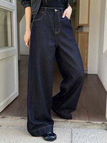 DAZY 女士复古宽松喇叭牛仔裤，春季款 - 藍色 - 查看 8