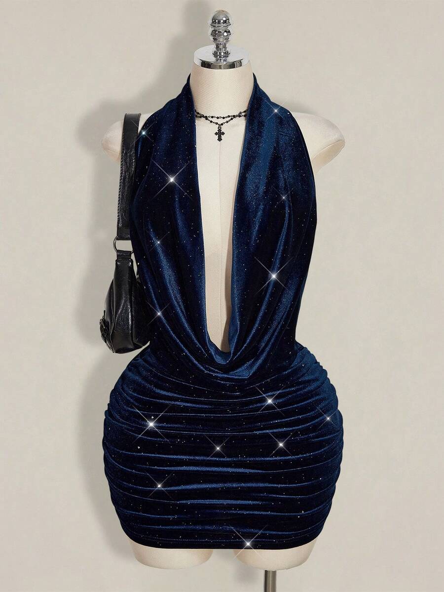 SHEIN ICON 大码女式黑色丝绒亮片深V领露背褶皱迷你连衣裙,Y2K派对连衣裙,丝绒派对连衣裙,万圣节服装,生日连衣裙 - 藏蓝色 - 查看 1