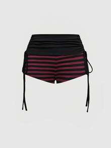 ROMWE J-Fashion Spring/SummerY2K Sexy Striped Bat Wing Ruched Drawstring Off-Shoulder Women's Suit - Multicolor - View 5