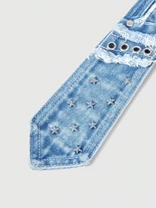 ROMWE Grunge Punk Accessoires d'anneau en métal punk Y2K, design à multiples yeux et poches, cravate à bord déchiré pour femmes, ornements décoratifs uniques et cool personnalisés - Bleu jaune - Voir 3