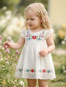 Vintaside Kids Baby Girls Casual Floral Embroidery Dress, Summer Baby Girl Sleeveless Floral Print Casual Dress Baby Flower Dress Summer Elegant Baby Dress Baby Vintage Dress Baby Girl Romper - White - View 3