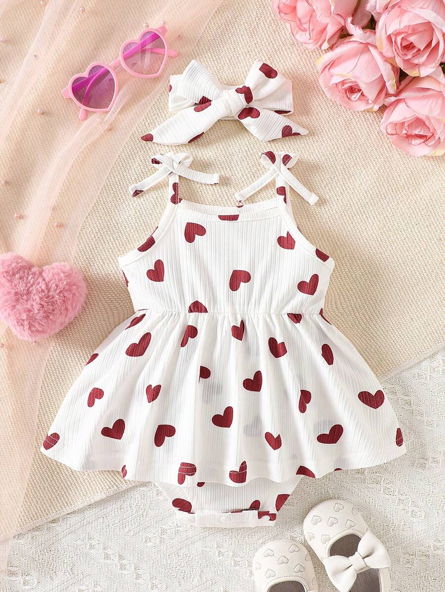 SHEIN 女婴爱心印花连体衣和发带套装 - 白色 - 查看 1