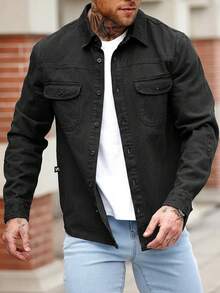 Manfinity Homme Men's Slim Fit Military Green Casual Denim Jacket - Black - View 6