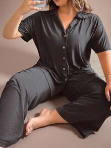 Lazeform 加大码柔软透气纯色纽扣上衣和裤子睡衣套装 - 深灰色 - 查看 1