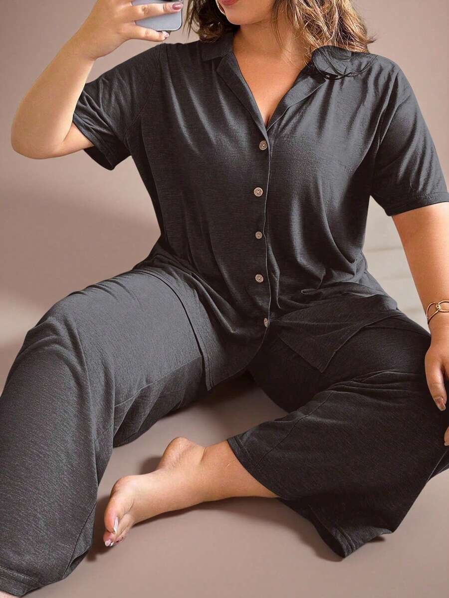 Lazeform 加大码柔软透气纯色纽扣上衣和裤子睡衣套装 - 深灰色 - 查看 1