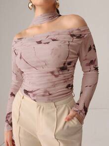 Modelyn T-shirt en maille transparente sexy imprimé ruban tricoté d'automne - Mauve - Voir 2