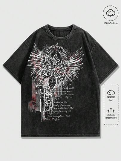 ROMWE MEN Goth Camiseta de manga corta casual con estampado gráfico vintage, verano