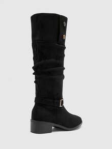 CUCCOO BIZCHIC Women's Buckle Design Everyday Fashion Pleated Chunky Heel Knee-High Boots - Black - View 9