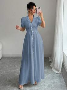 Elenzga Damen Einfarbiges Kleid mit Kragen, kurzen Puffärmeln und Knopfleiste, Lässig