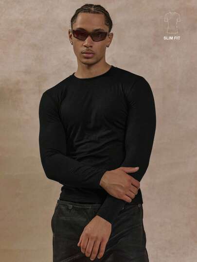 Musero Camiseta de manga larga y cuello redondo ajustada para hombre, de peso ligero, esencial de otoño e invierno para un armario cápsula y para capas