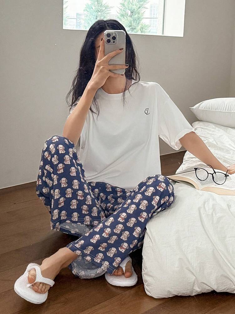 2pcs Women Letter Print Loose Short Sleeve T-Shirt And Full Length Pants Pajama Set