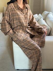 DAZY Women's Plaid Pajama Set, Loose Fit, Suitable For Autumn/Winter And Christmas - Khaki - View 6