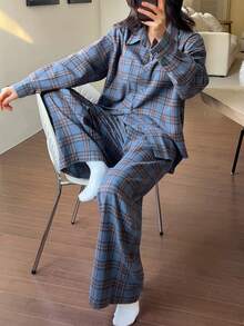 DAZY 女士格子睡衣套装，宽松长袖衬衫搭配长裤，适合秋冬季和圣诞节穿着。 - 藍色 - 查看 6