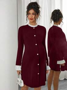 Momance Pregnant Women's Stand Collar Ruffle Patchwork Single-Breasted Casual Daily Party Long Sleeve Dress - Burgundy - View 1