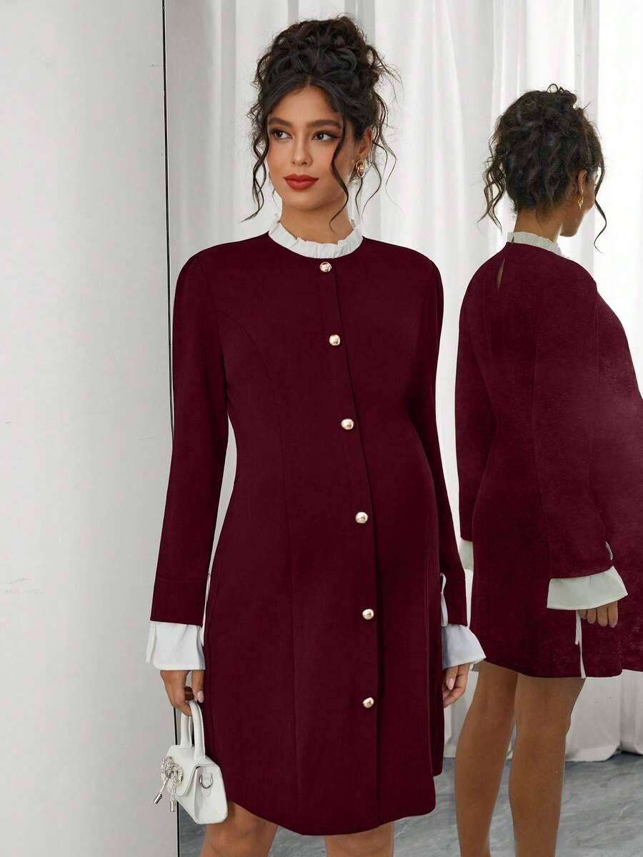 Momance Pregnant Women's Stand Collar Ruffle Patchwork Single-Breasted Casual Daily Party Long Sleeve Dress - Burgundy - View 1