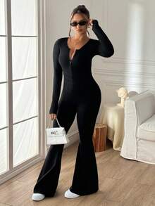 SHEIN Sports 1pc Women Plus Size Seamless Long Sleeve Thumb Hole Front Zipper Open Back Fitness Yoga Dance Gymnastics Leotard Jumpsuit - Black - View 4