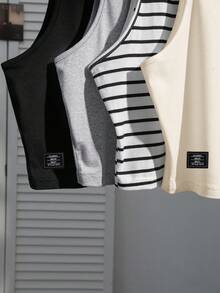 SHEIN EZwear 4件套女士休闲刺绣条纹纯色背心，黑色、白色、杏色，百搭性感，适合春夏穿着。 - 彩色 - 查看 6
