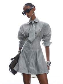 LYSMO 女士领带条纹休闲通勤衬衫裙 - 彩色 - 查看 7