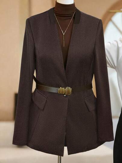 Franclia Plus Size V-Neck Cinched Waist Long Sleeve Woven Blazer Brown Blazer Women Women Suits Chiiwaka Professional Clothes Women Sets Women S Suit