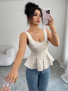 Elenzga 女士夏季时尚清新提花面料褶皱吊带背心，时尚性感夏季度假吊带上衣，适合浪漫约会、狂欢节、复活节、中国新年、情人节等场合。 - 杏色 - 查看 5