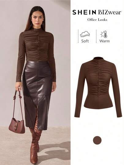 BizChic Women's Brown Straight Collar Ruched Front Mesh Fabric Blouse, Suitable For Urban Commute, Office, Business Casual, Party, Formal Occasions, Summer Dark Brown Top