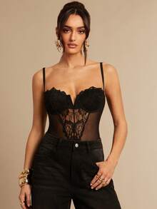 Silquee 女士撞色蕾丝网纱性感吊带连体衣 - 黑色 - 查看 4