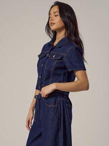 MUSERA Cropped Short Sleeve Washed Denim Top Spring, Girly, Day Outfits, Cute, Casual Sweet Pea - Navy Blue - View 3