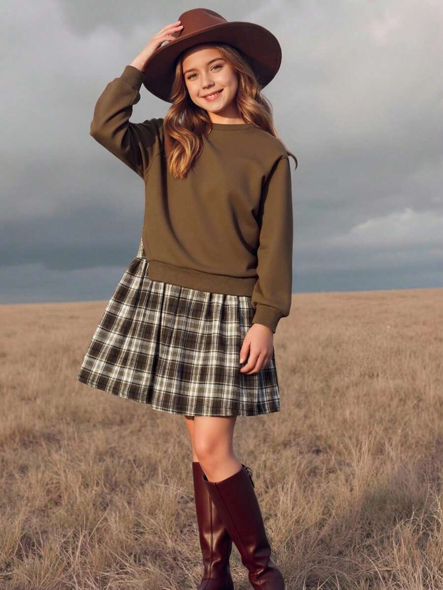 Emery Rose Kids Emery Rose Kids 少女撞色长袖休闲连衣裙，校服裙，卫衣裙，秋冬款 - 棕色 - 查看 1