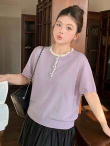 Dazy Plus 紫色撞色蕾丝优雅修身短袖针织上衣 - 淡紫色 - 查看 5