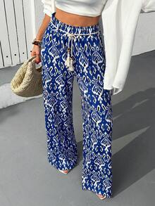 Cloudara Pantalones casuales sueltos con cintura elástica y estampado todo sobre para mujeres, ideales para vacaciones de primavera - Multicolor - Ver 2