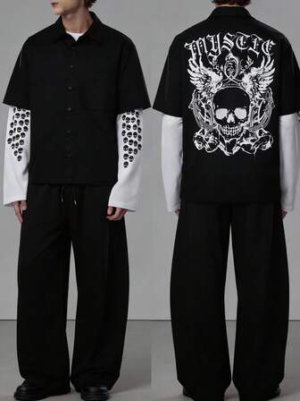 Street Life Men's Contrast Color Patchwork Skull Print Polo Shirt Long Sleeve