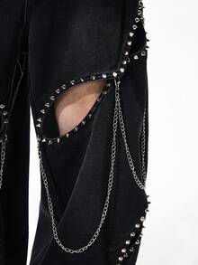 ROMWE MEN Street Life Men's Fashion Belted Rivet Hollow-Out Jeans - Black - View 2