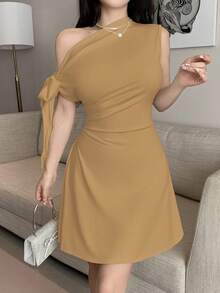 Vestido corto asimétrico con nudo en la cintura para mujer - Camel - Ver 5