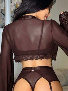 SHEIN Conjunto de lencería sexy de 6 piezas para mujer que incluye: Blusa holgada de encaje y malla de estilo gótico elegante y maduro + tanga + liguero + 2 anillos para las piernas + bata larga con cordones de encaje - Café integral - Ver 2