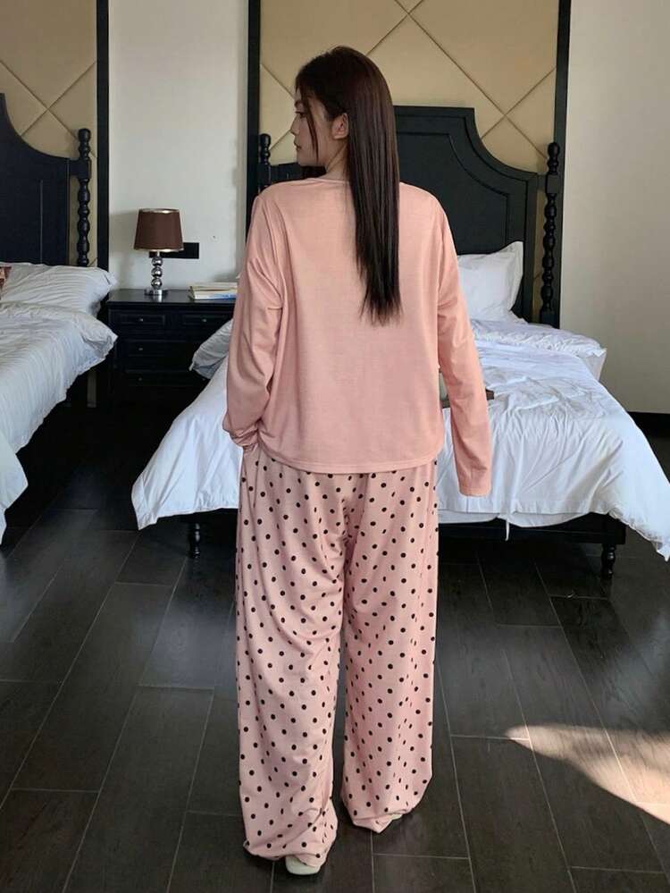 Dazy Plus Plus Size Women Cute Polka Dot Pajama Set With Bow Decor Long Sleeve Top And Pants, Casual Sleepwear For Spring, Summer, Autumn