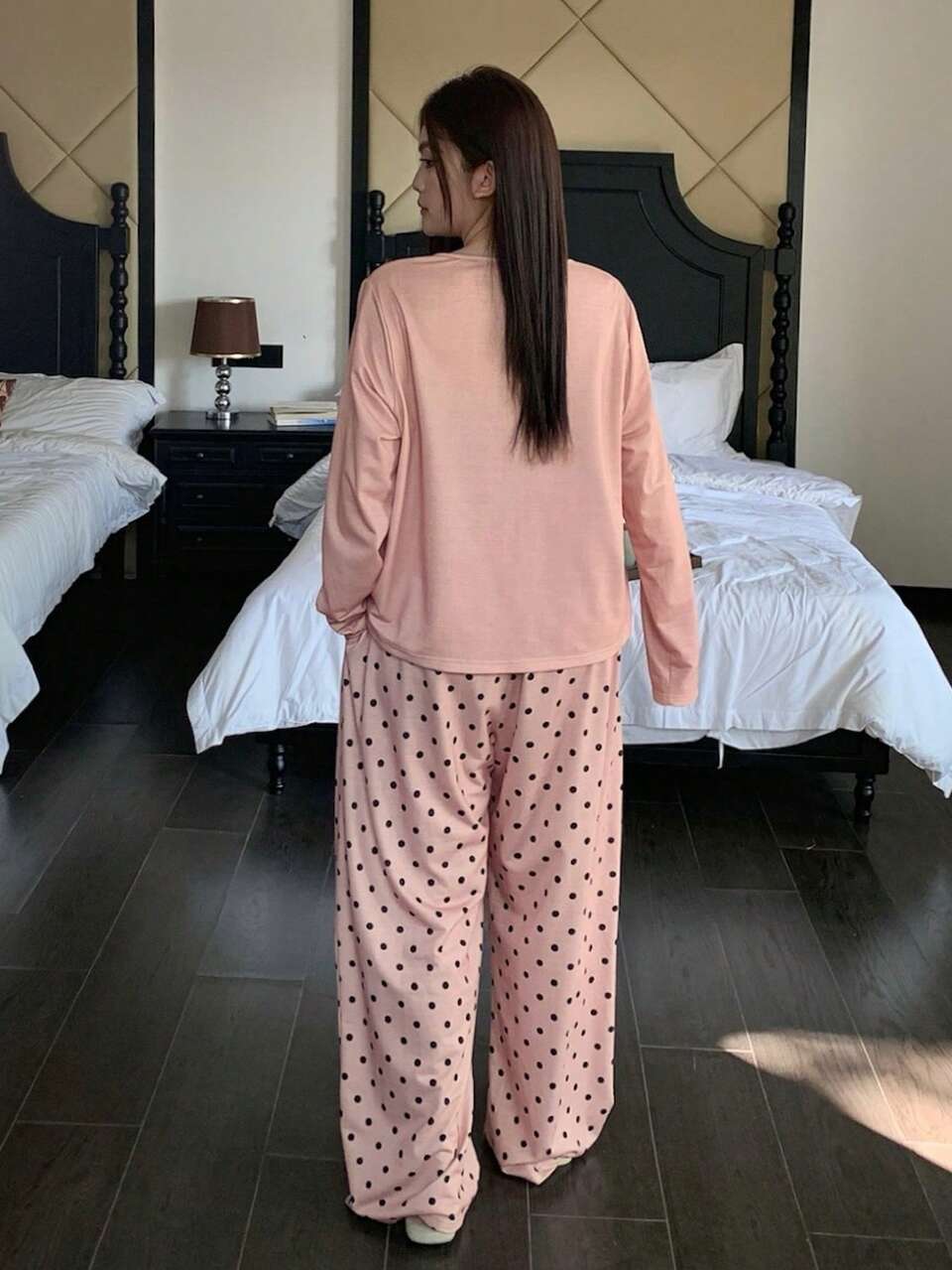 Dazy Plus Plus Size Women Cute Polka Dot Pajama Set With Bow Decor Long Sleeve Top And Pants, Casual Sleepwear For Spring, Summer, Autumn