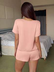 Dream Adore 3件套爱心图案休闲短袖短裤睡衣套装 - 粉色 - 查看 2