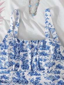 SHEIN Traje de baño de una pieza con estampado floral azul para adolescentes, conjunto de playa dulce para vacaciones de verano - Azul - Ver 2