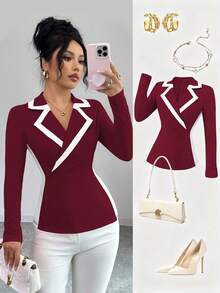 Elenzga Blusa elegante de punto ajustada con parches y contraste de colores, adecuada para Halloween y Navidad