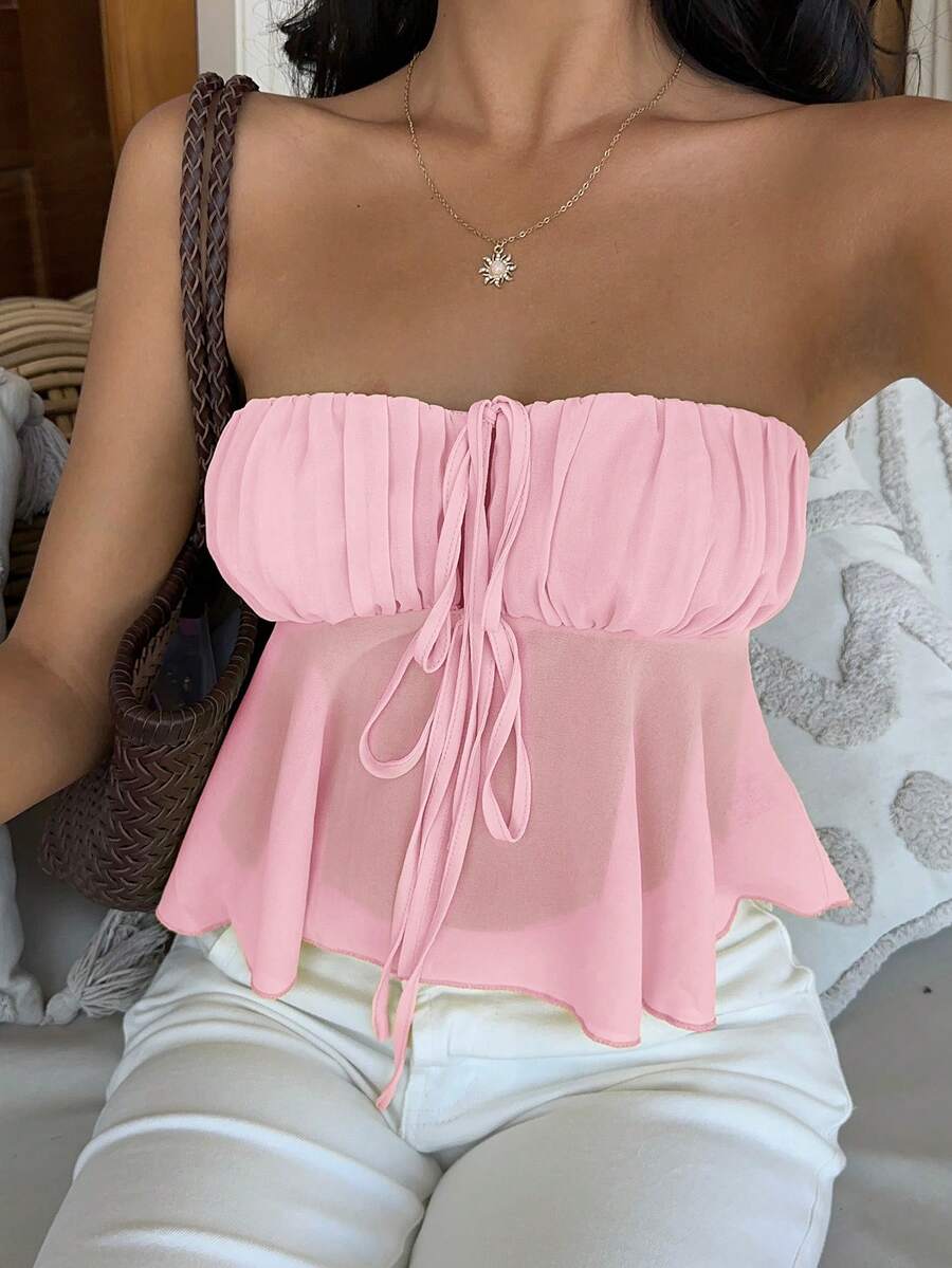 MainGRL Damen Gewebtes Gerafftes Vorder-Bindeträger-Top, Einfarbig - Pink - Übersicht 1