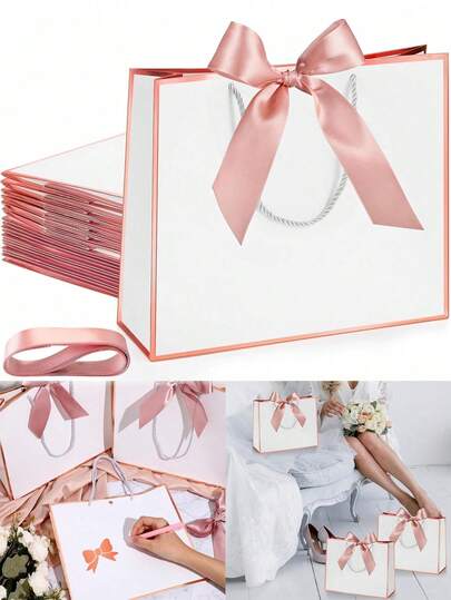1/5pcs-Landscape-Style Kraft Paper Gift Bags, Shopping Bags, Packaging Bags With Handles, Bow-Decorated Handbags, Trick Or Treat, Halloween, White Large-Capacity Paper Bags, Halloween, Thanksgiving, Christmas, New Year, Wedding, Birthday Gift Packaging Bags