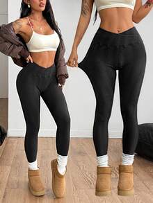 Coolane Women's Winter Minimalist Basic Daily Wear Sport Yoga Casual Going Out Rib Knit Stretchy Tights High Waisted Black Leggings - Black - View 1