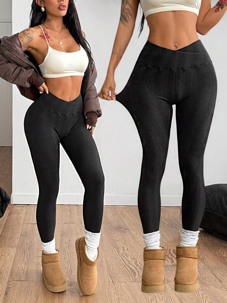 Coolane Women's Winter Minimalist Basic Daily Wear Sport Yoga Casual Going Out Rib Knit Stretchy Tights High Waisted Black Leggings - Black - View 1