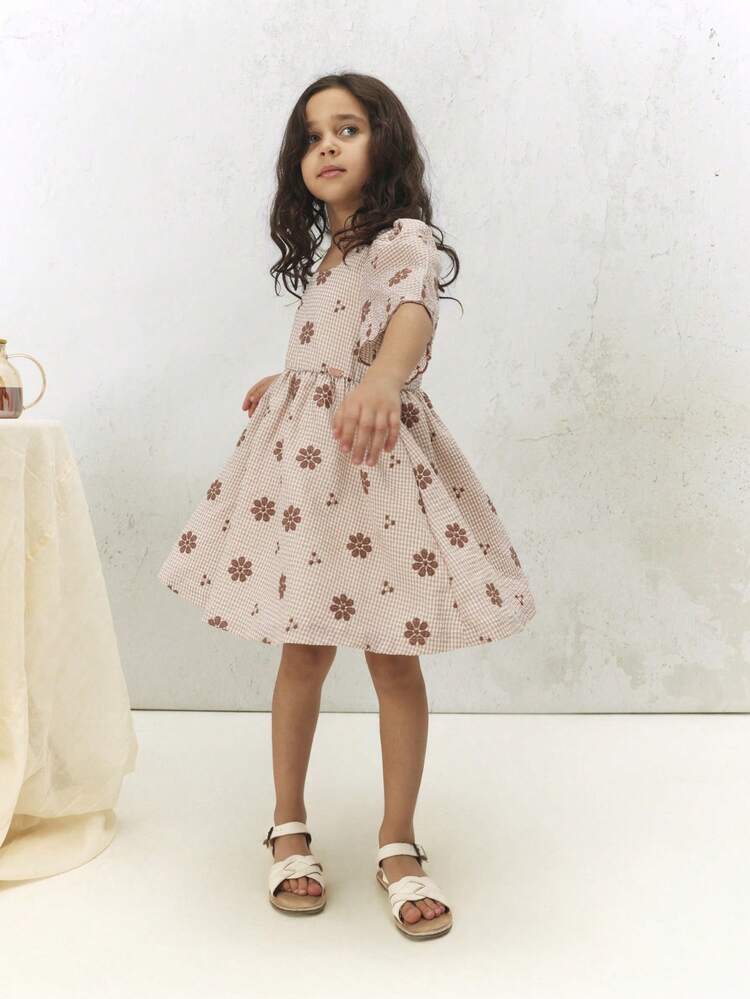 Floral Gingham Dress With Scalloped Hem