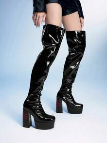Sugerpunk Giày bốt cao gót đế vuông mũi vuông dày chống thấm nước cho nữ, thêu hình mạng nhện, chất liệu PU đen mịn, thời trang thoải mái khi đi tiệc và hộp đêm, kiểu dáng xỏ ngón - màu đen - Xem 1