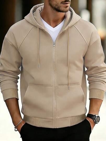 Manfinity CasualCool 男士卡其色拼接连帽卫衣，米色拉链连帽衫，复古风格，适合日常休闲、周末旅行、户外活动、探险旅行、轻松的工作环境或半正式场合，可作为男友/丈夫礼物、周年纪念/生日礼物、派对礼物、圣诞节礼物、新年礼物。