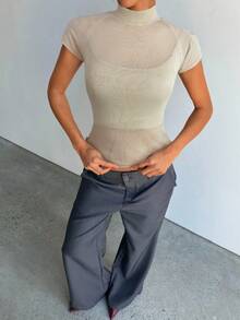 Aloruh Áo thun nữ tay ngắn cổ lọ dáng ôm mỏng chất liệu nỉ, thích hợp mặc đi chơi, mùa xuân/hè. - Màu be - Xem 6