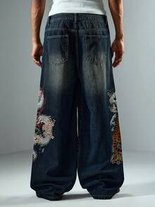 ROMWE MEN Street Life Men's Casual Washed Dragon Pattern Tiger Embroidery Wide Leg Jeans - Blue - View 2