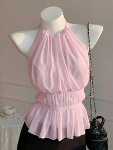 SHEIN EZwear Women's Pink Ruched Halter Backless Tie-Back Camisole, Valentine's Day Pink Camisole - Pink - View 3